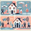 illustration flat design qui résume le sujet de l'isolation phonique des murs mitoyens. Palette pastel avec des personnages stylisés montrant une maison avec des murs bien isolés d'un côté et du bruit de l'autre côtét