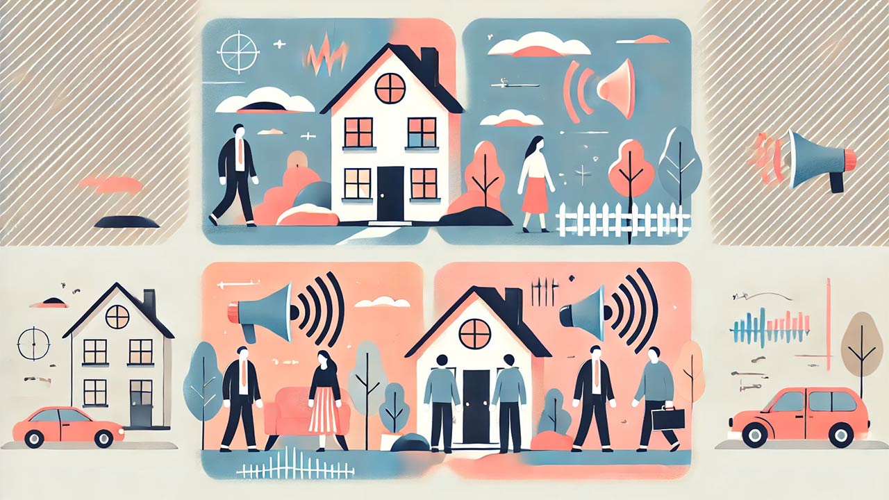  illustration flat design qui résume le sujet de l'isolation phonique des murs mitoyens. Palette pastel avec des personnages stylisés montrant une maison avec des murs bien isolés d'un côté et du bruit de l'autre côtét