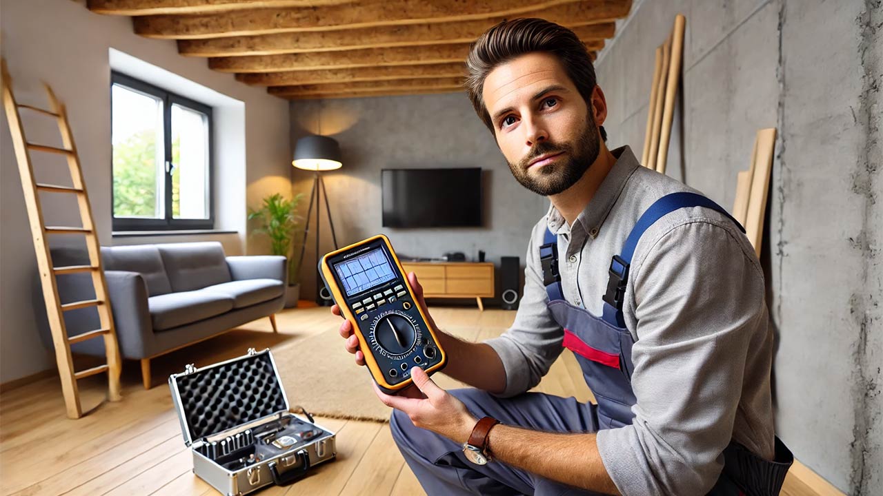 Un professionnel réalise un diagnostic acoustique dans une maison, équipé d'instruments modernes pour mesurer les nuisances sonores. L'intérieur montre des murs avant isolation,