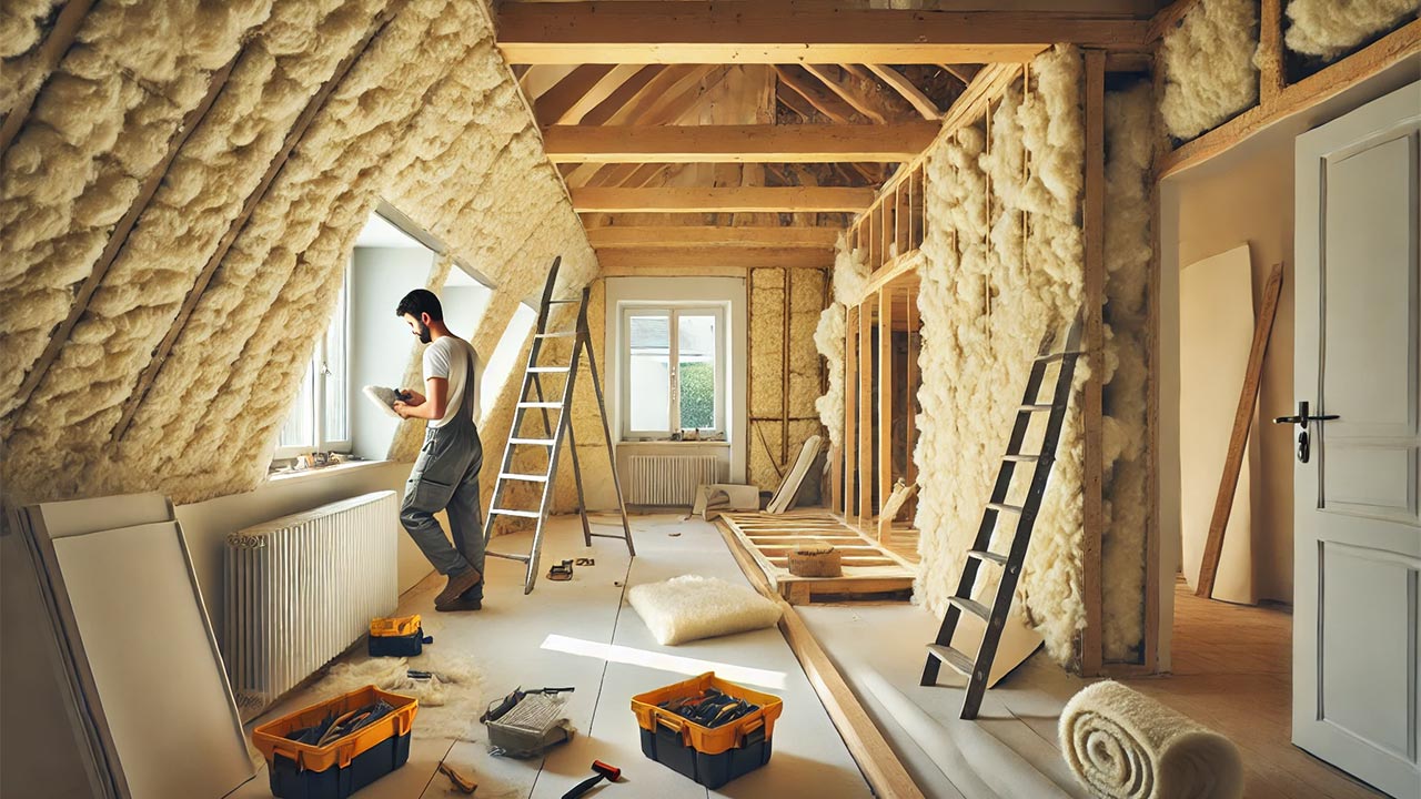 maison rénovée avec une isolation intérieure visible en laine de coton, montrant un artisan vérifiant les finitions. L’environnement est clair et propre, avec des outils à proximité.