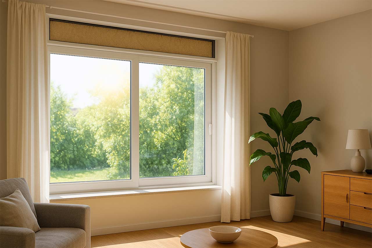 Vue intérieure d’un séjour lumineux avec fenêtre et coffre de volet ouvert, isolant visible dans le caisson, ambiance fraîche par forte chaleur extérieure