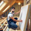 artisan posant des panneaux isolants en polystyrène dans une maison moderne, illustrant le processus de préparation pour améliorer l'efficacité énergétique.