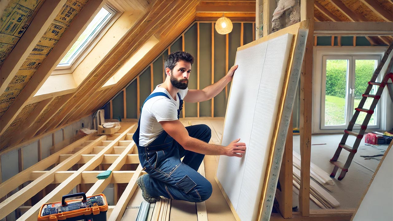 artisan posant des panneaux isolants en polystyrène dans une maison moderne, illustrant le processus de préparation pour améliorer l'efficacité énergétique.