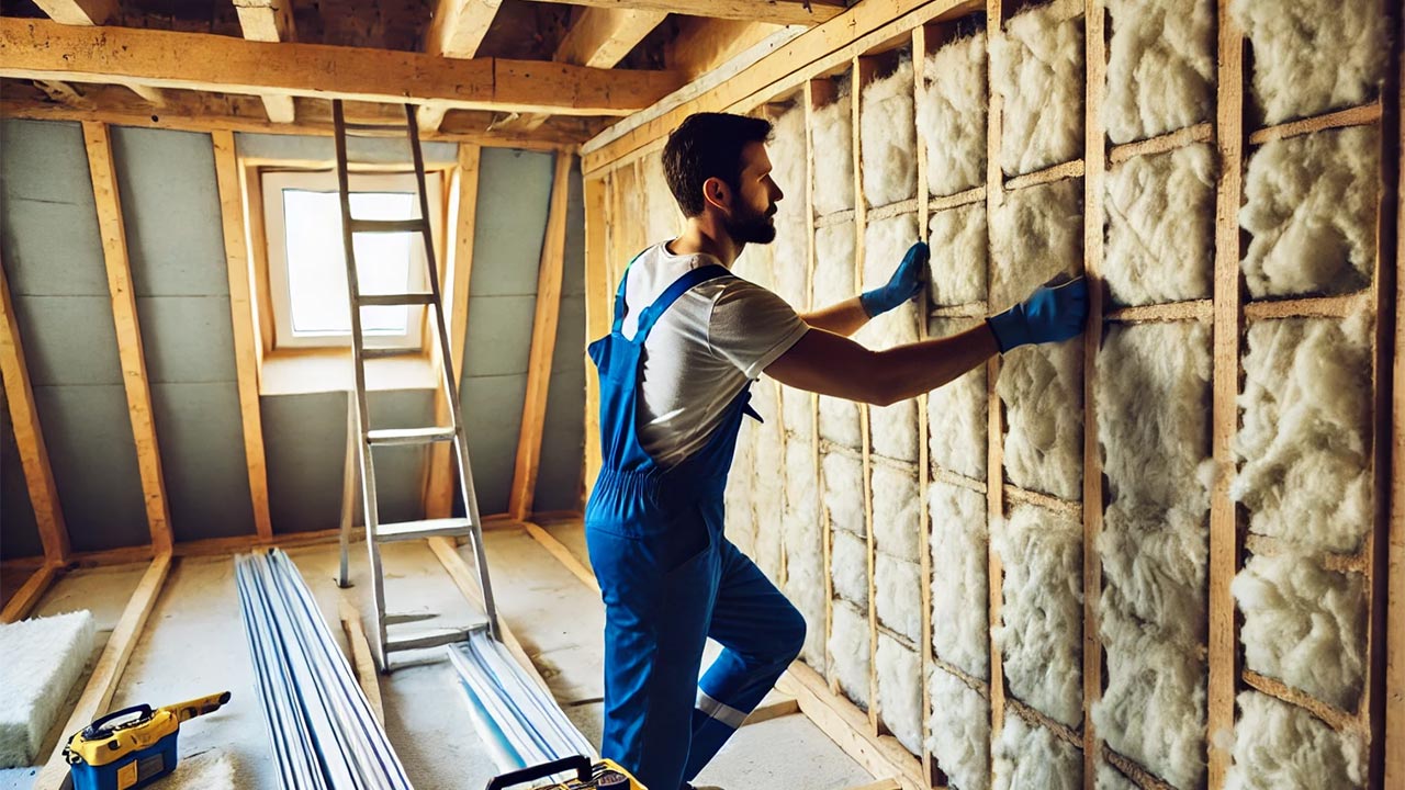 professionnel en combinaison bleue fixe des panneaux de laine de verre entre des montants métalliques sur un mur intérieur, montrant le processus structuré de mise en place d'une ossature pour l'isolation thermique d'une maison.