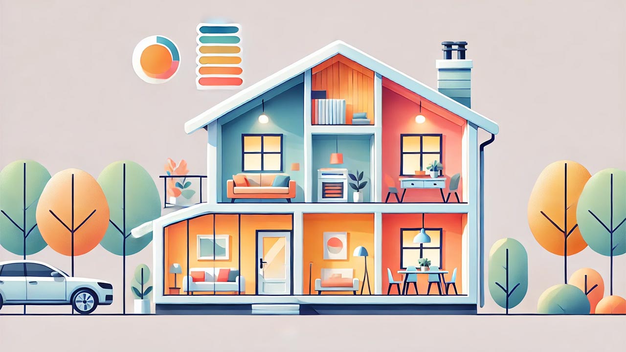 illustration d'une maison moderne représentée en coupe, mettant en avant les différentes zones d’isolation thermique (murs, combles, planchers).