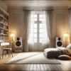 appartement moderne et confortable avec un sol isolé, évoquant une ambiance paisible et silencieuse, où l'acoustique est parfaite. On aperçoit des détails comme des fenêtres bien fermées, des meubles confortables et une atmosphère chaleureuse