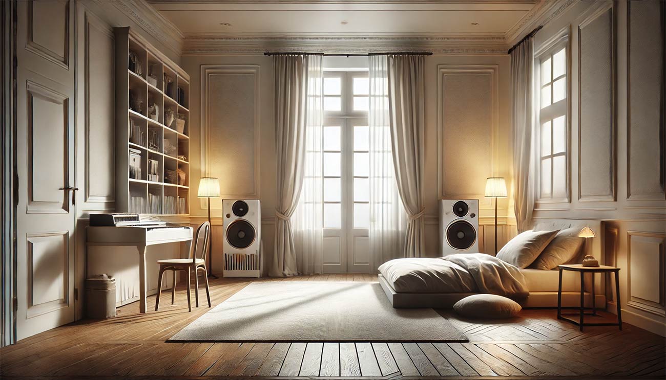 appartement moderne et confortable avec un sol isolé, évoquant une ambiance paisible et silencieuse, où l'acoustique est parfaite. On aperçoit des détails comme des fenêtres bien fermées, des meubles confortables et une atmosphère chaleureuse