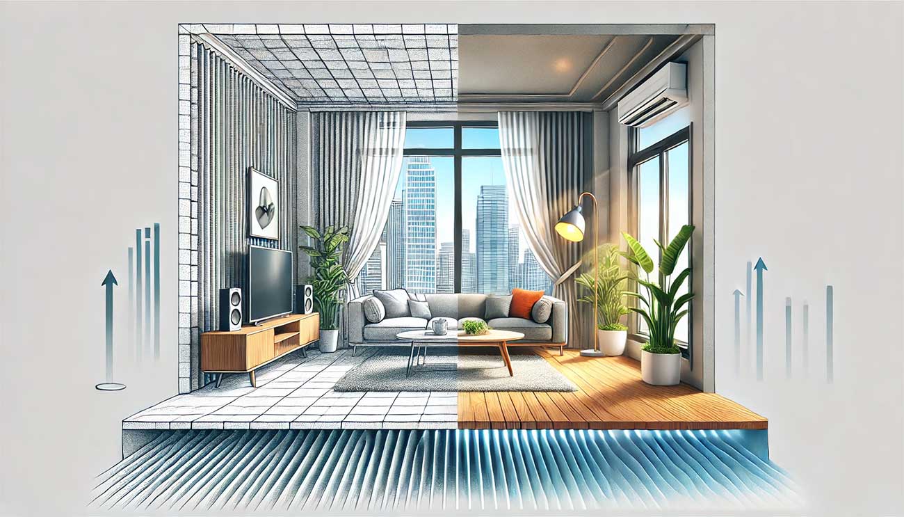 illustration représentant une transformation acoustique d'un appartement. On voit un intérieur moderne et lumineux avec des murs bien isolés et un sol qui semble conçu pour bloquer les bruits, évoquant un confort optimal.
