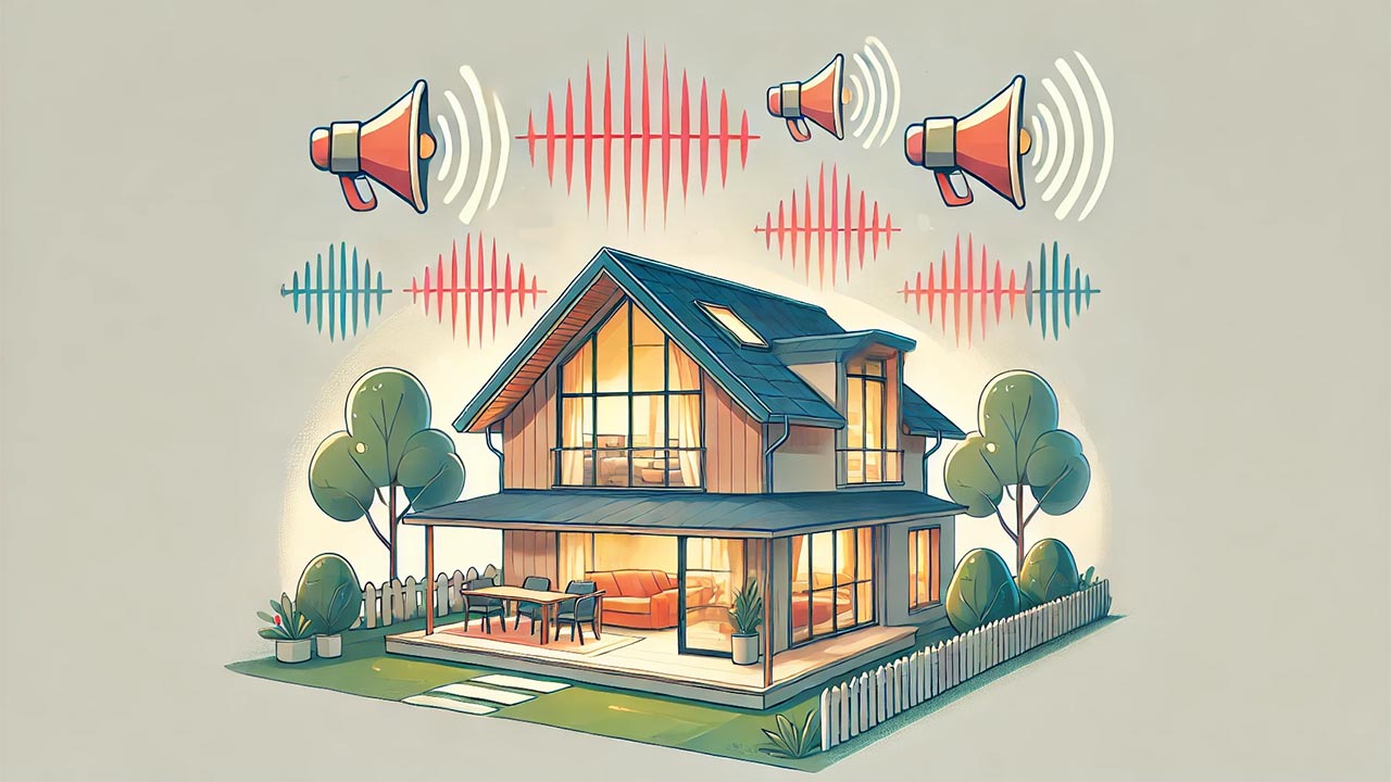 scène illustrant une maison moderne vue de l'extérieur avec des plafonds isolés acoustiquement. des ondes sonores réduites dans l'air, symbolisant l'insonorisation efficace.