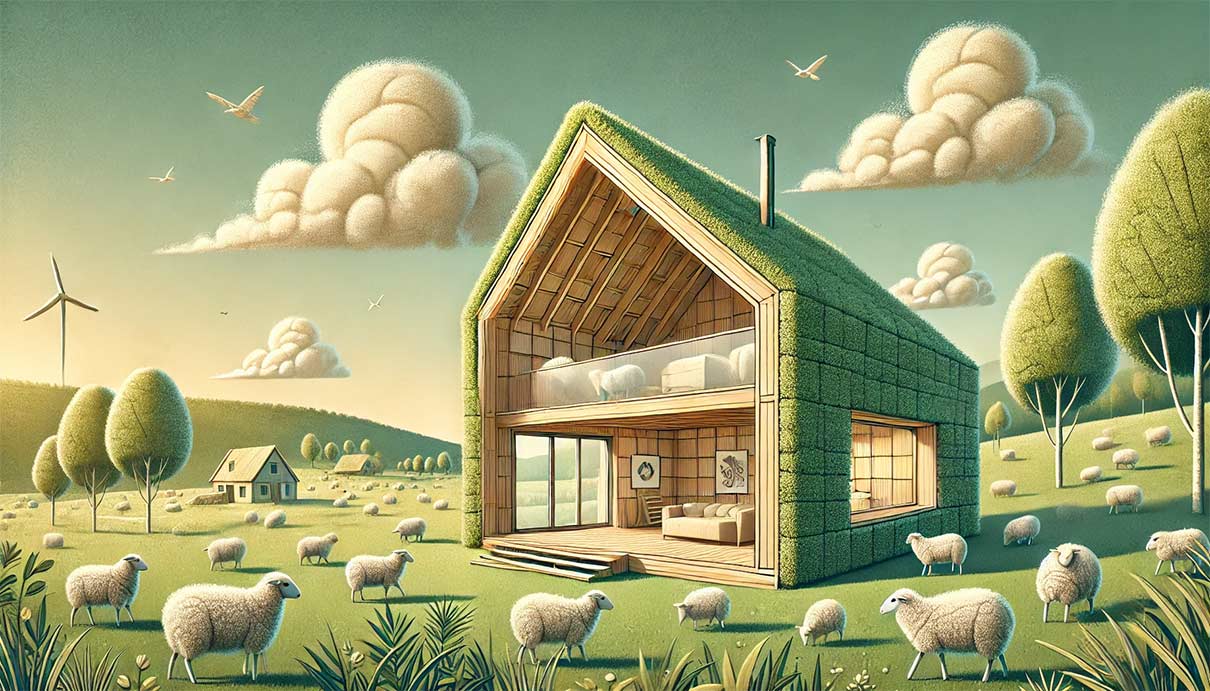 illustration graphique au style original et créatif représentant l'idée d'une isolation durable en laine de mouton. La scène montre une maison moderne en pleine nature, avec des murs et un toit semi-transparents pour révéler l'intérieur isolé avec de la laine de mouton. Autour de la maison, un paysage naturel avec des moutons paissant sur une prairie verte.