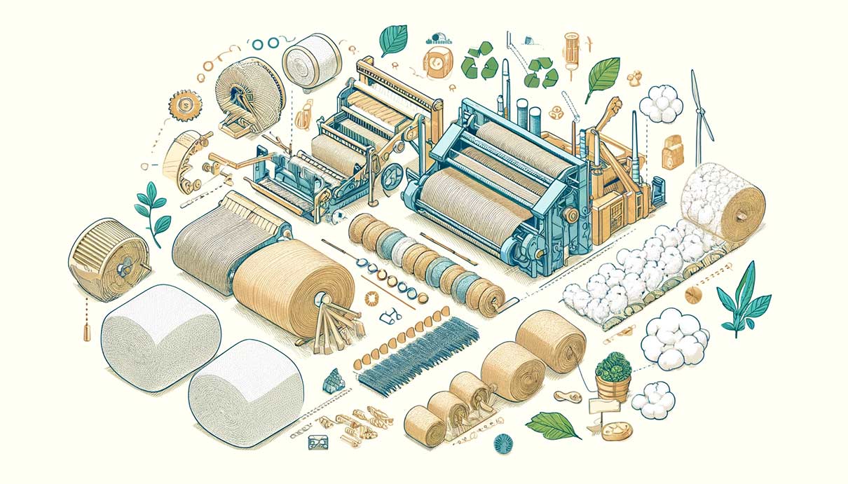 Illustration graphique d'un processus de fabrication de l'isolation en laine de mouton. On voit des ballots de laine de différentes couleurs, des machines industrielles pour le lavage et le cardage de la laine, et des rouleaux semi-rigides de laine prêts pour l'isolation.