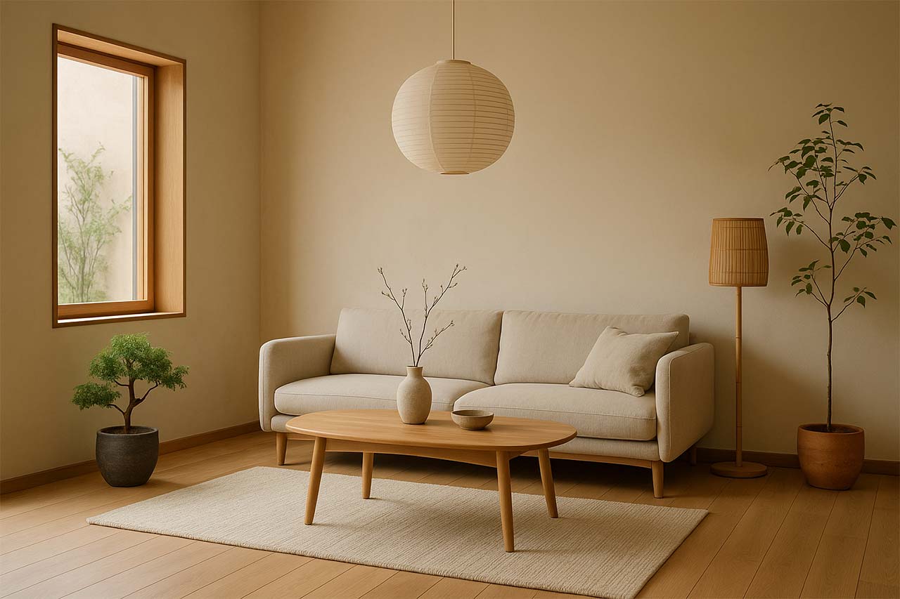 Un salon Japandi serein illustrant la fusion du minimalisme japonais et de la chaleur scandinave, avec canapé beige, table basse en bois clair, lampes en bambou, plantes vertes et lumière naturelle douce entrant par une fenêtre en bois.