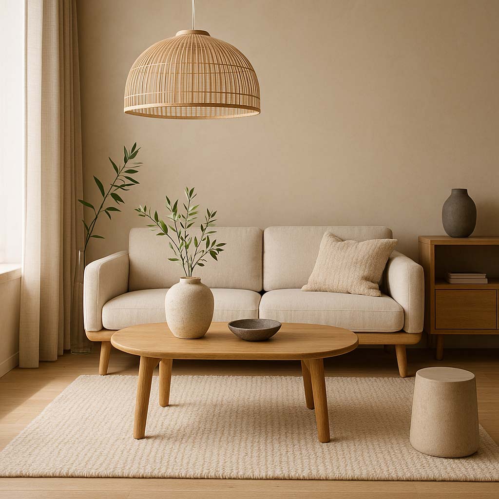 salon Japandi inondé de lumière naturelle avec canapé aux lignes épurées, table basse en bois clair, suspension en bambou, rideaux en lin et plantes d’intérieur dans un décor beige apaisant.