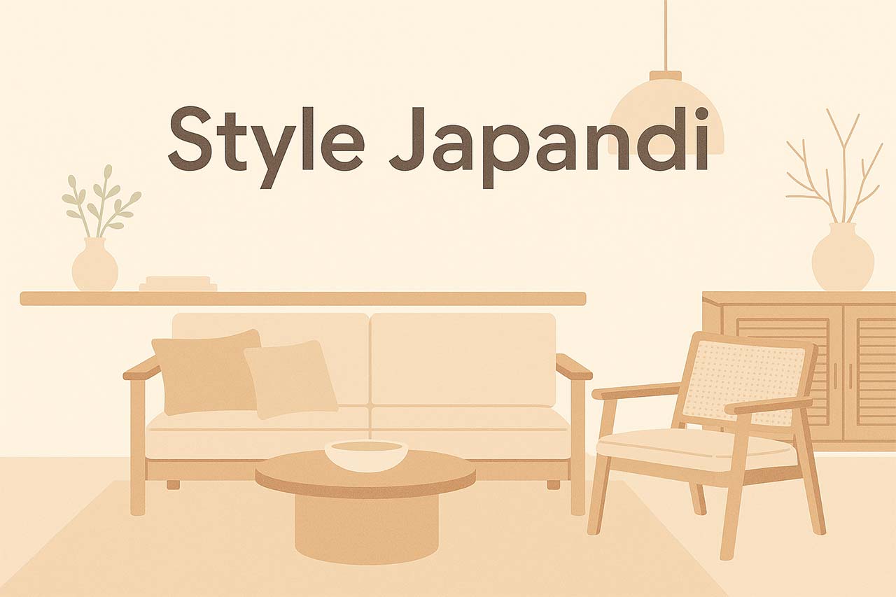 Illustration vectorielle pastel d’un salon de style Japandi, avec un mobilier minimaliste en bois clair, un canapé beige, un fauteuil en cannage, une table basse ronde et une étagère murale décorée. Le tout baigne dans une ambiance douce et épurée, avec l’inscription Style Japandi en lettres sobres au centre de l’image.