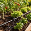 Goutte-à-goutte au pied de plantes paillées pour économiser l’eau au jardin