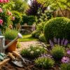 photo d'un jardin bien entretenu avec tous les outils nécessaires, journée ensoleillée