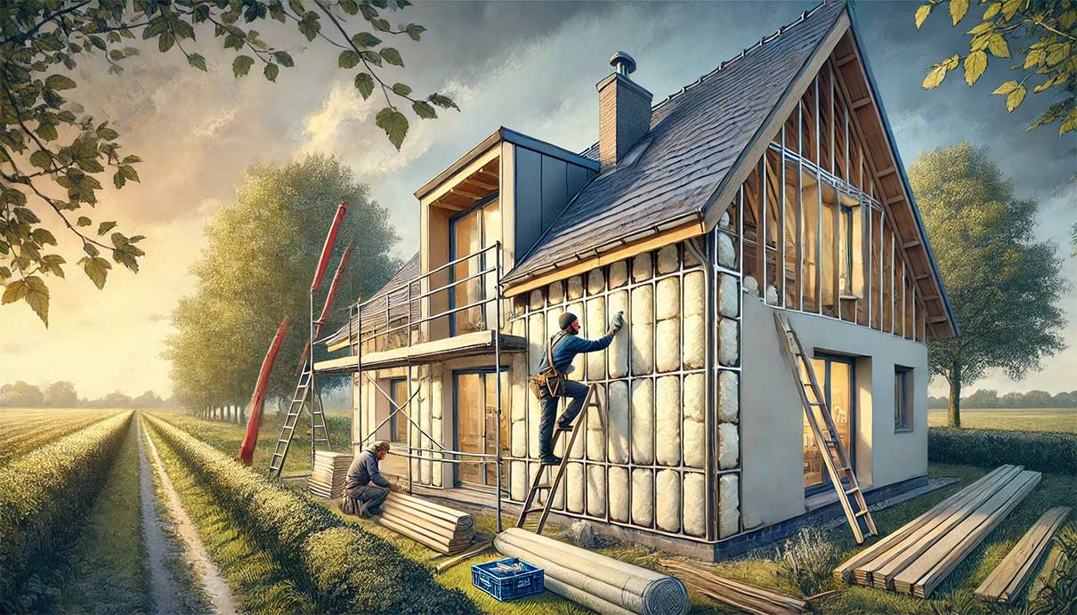 illustration dynamique et réaliste d'une maison moderne en cours d'isolation. On voit un artisan en train d'installer des panneaux de laine de roche dans les murs extérieurs. L'environnement est celui d'une maison de campagne, avec un toit en pente et des fenêtres. La scène se déroule sous un ciel clair, sans halo lumineux, et met en valeur les matériaux d'isolation de manière détaillée. 