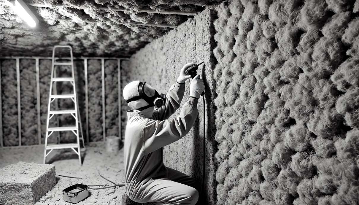 Photo réaliste d'une personne installant de l'isolation en laine de roche dans un mur. La laine de roche est découpée et placée dans un mur intérieur, avec des détails visibles comme des gants de protection et un masque.