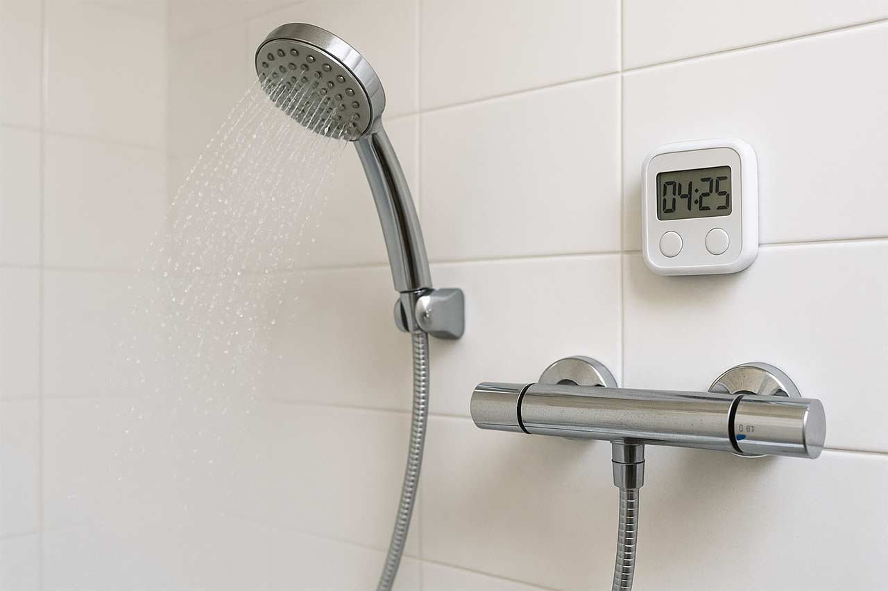 Salle de bains claire avec douchette éco en fonctionnement, mitigeur thermostatique et compte-minutes mural