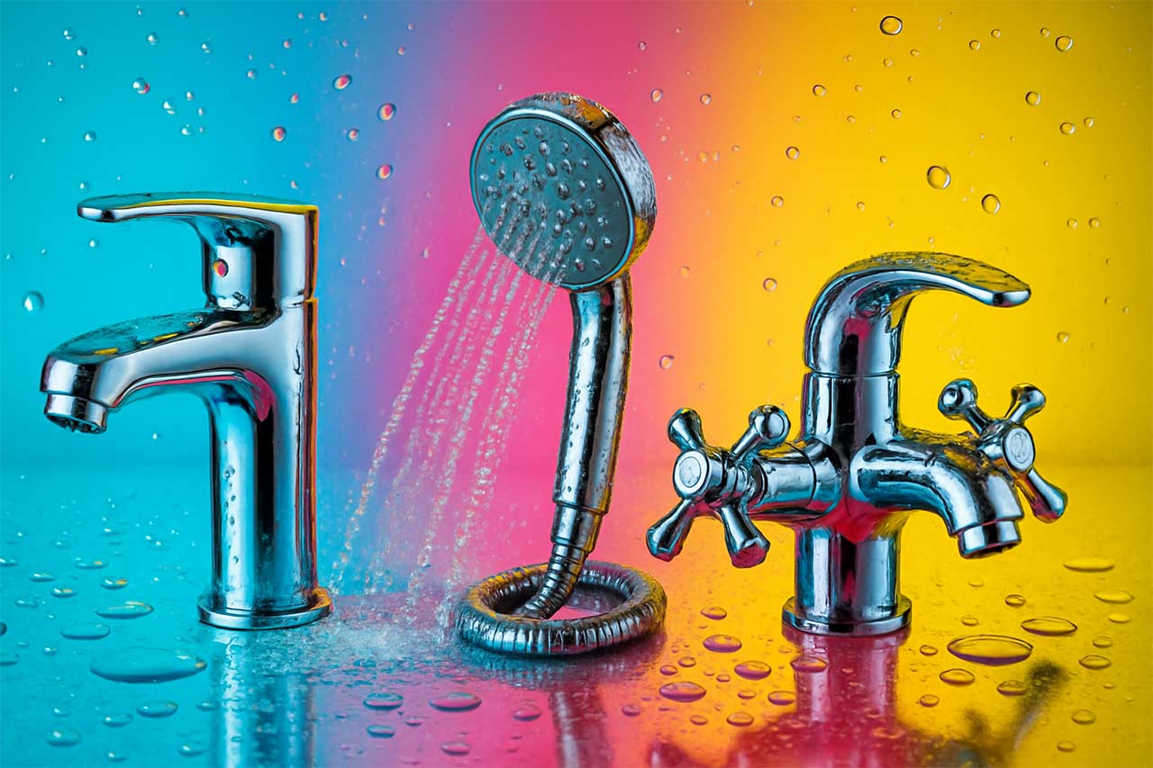 Composition colorée de trois robinets et une douchette alignés en paysage, gouttes stylisées et bulles d’air pour évoquer la réduction de débit.