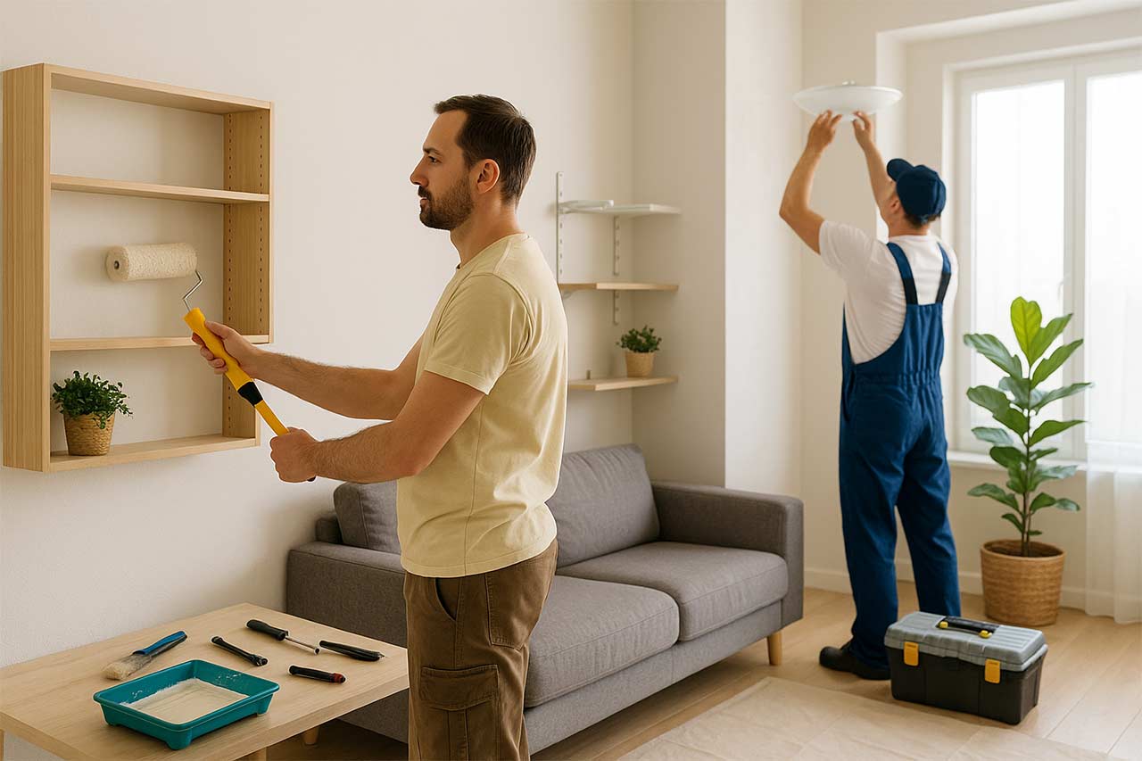 Un locataire peint un mur blanc avec un rouleau jaune tandis qu’un électricien installe un luminaire au plafond dans un salon lumineux et moderne.