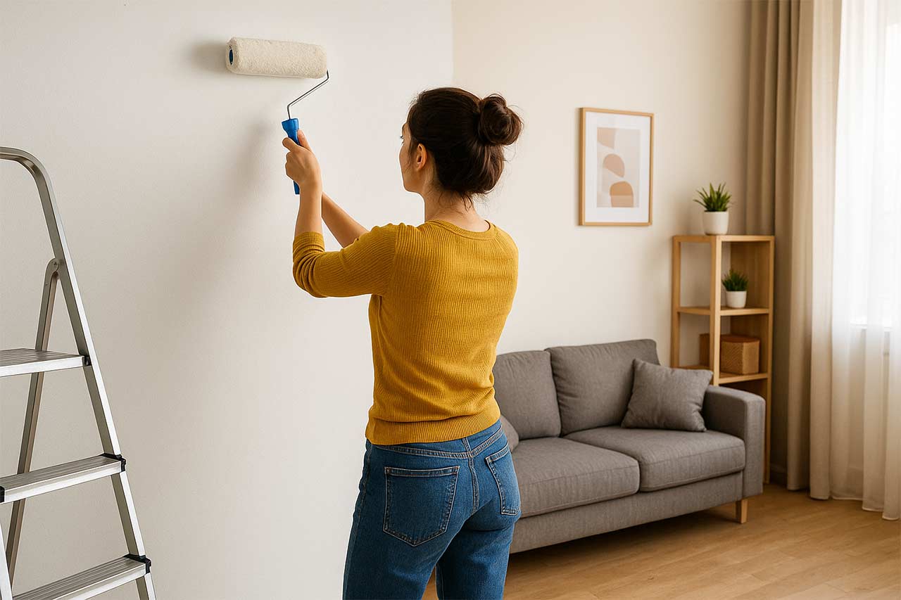Une femme en pull moutarde peint un mur blanc avec un rouleau bleu dans un salon épuré avec canapé gris et décor minimaliste