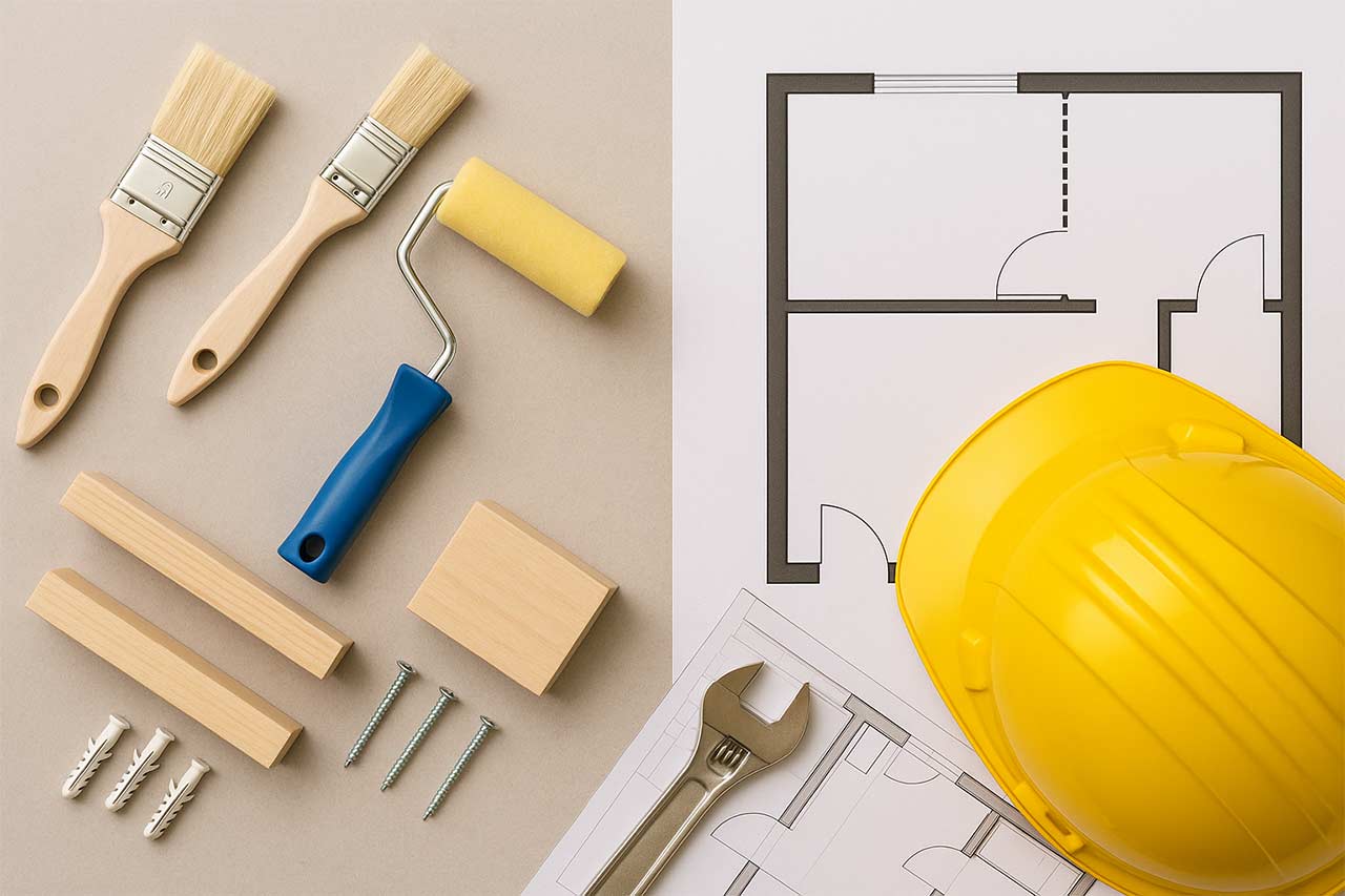 à gauche pinceaux, rouleau et petites étagères ; à droite plan d’architecte et casque de chantier