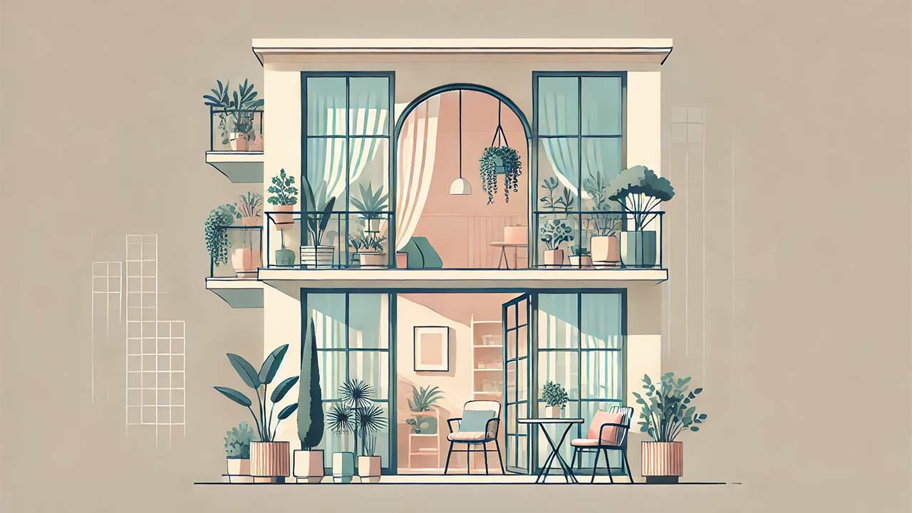 Illustration en flat design représentant une loggia confortable et fonctionnelle à l'intérieur d'un appartement. La loggia est représentée avec de grandes fenêtres et une connexion claire avec l'extérieur, remplie de plantes et de meubles confortables tels qu'une chaise et une petite table. Le design présente une palette de couleurs pastel, des lignes douces et un fond épuré.