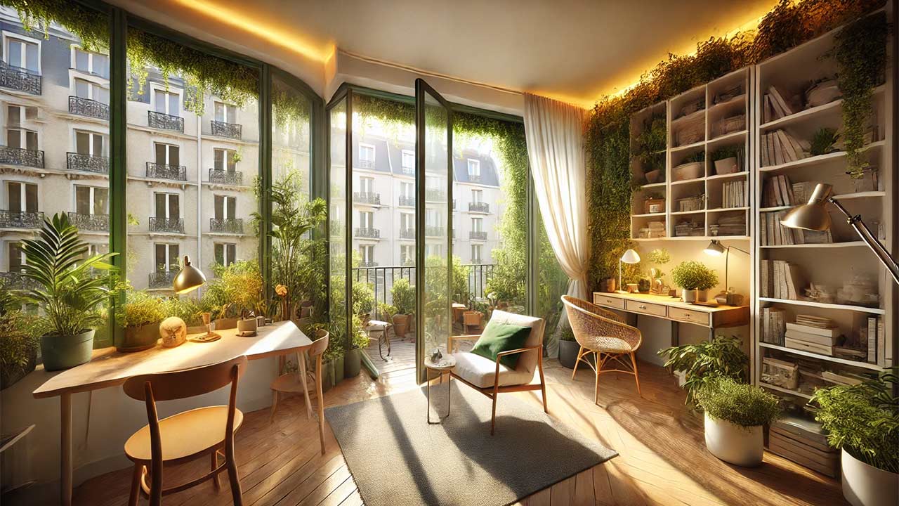  appartement urbain avec une loggia aménagée en espace multifonctionnel : un jardin d'hiver avec des plantes luxuriantes, un coin bureau avec une lumière naturelle abondante, des étagères et un fauteuil de lecture confortable. Une pièce lumineuse et accueillante, avec des fenêtres ouvertes sur l'extérieur.