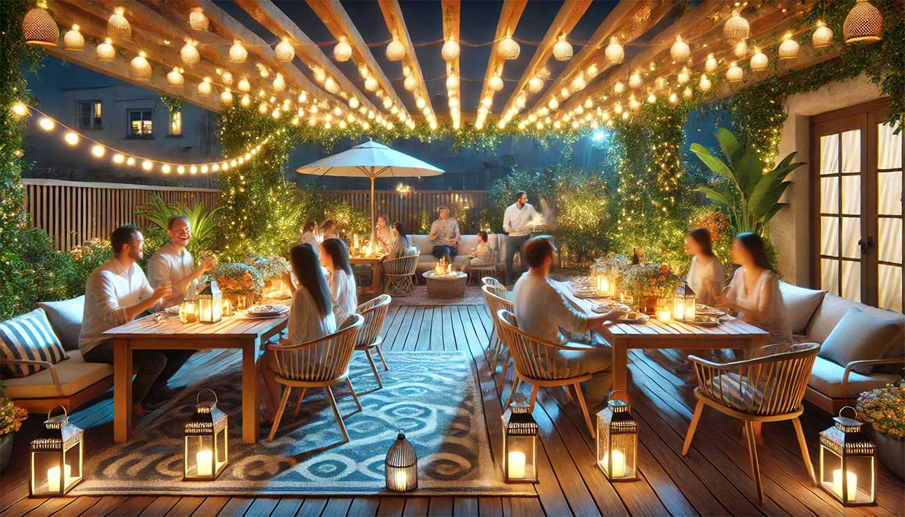 Une terrasse conviviale en soirée, éclairée par des lampadaires et des guirlandes lumineuses, avec des invités partageant un repas. Les alentours du jardin sont subtilement illuminés.