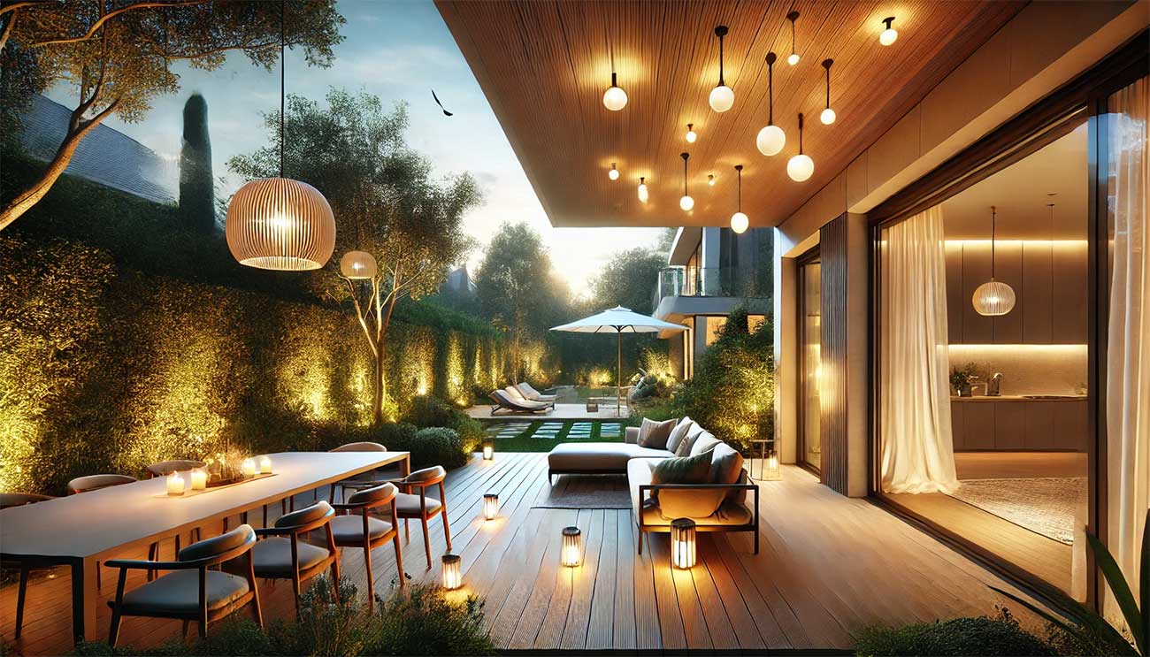 Une terrasse moderne éclairée de manière chaleureuse avec des lumières tamisées et des lampadaires design