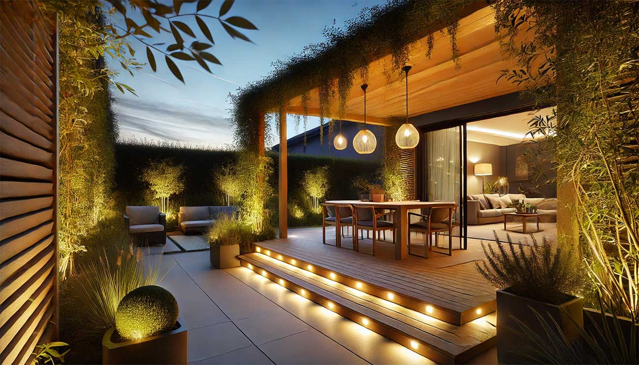 espace extérieur rénové avec un éclairage moderne et chaleureux, mettant en valeur une terrasse élégante entourée de végétation. Les lumières LED créent une ambiance conviviale, idéale pour prolonger les soirées d'été. Le cadre naturel est sublimé par une décoration simple et lumineuse, avec des détails de mobilier en bois et des luminaires suspendus.