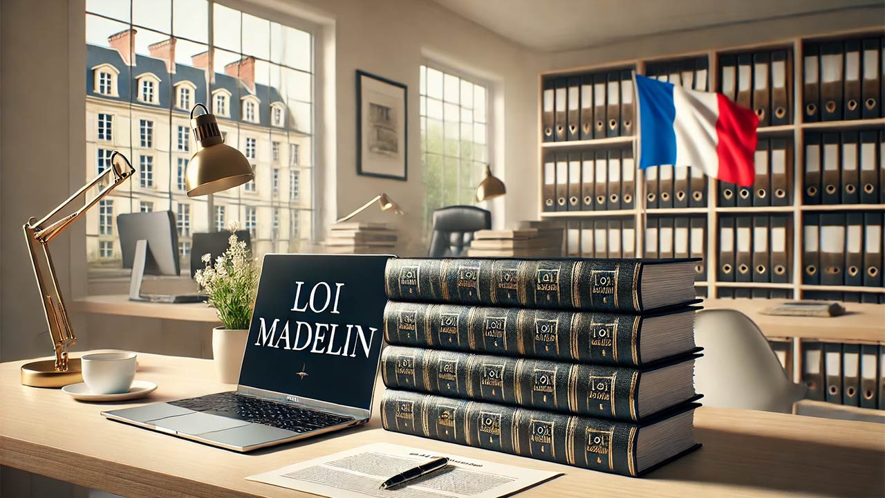 bureau lumineux avec une pile de documents législatifs français étiquetés « Loi Madelin » placés à côté d'un ordinateur portable. En arrière-plan, un intérieur calme d'un cabinet d'avocats ou d'experts-comptables avec des dossiers bien rangés sur des étagères et un drapeau français discret. L'atmosphère est sérieuse, professionnelle et élégante, reflétant un cadre administratif et juridique.