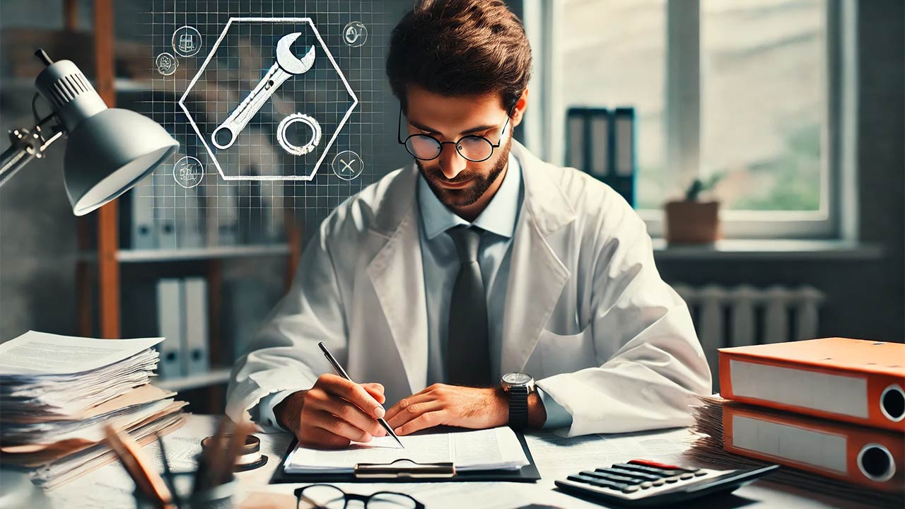  professionnel libéral médecin ou un avocat) travaillant dans un environnement professionnel. L'image se concentre sur le début de sa journée de travail, entouré de documents, de dossiers et d'outils symbolisant son indépendance. Des indices subtils comme un calendrier fiscal et un symbole de protection sociale flottant discrètement en arrière-plan soulignent les défis administratifs et l'importance de la couverture offerte par la loi Madelin.