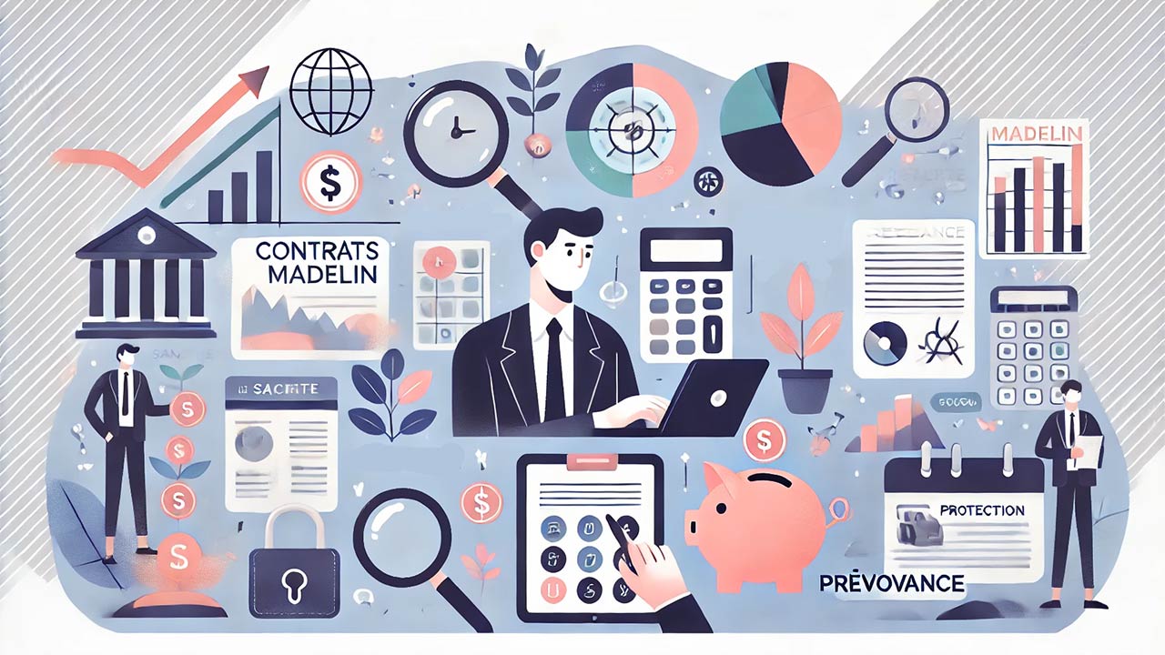  Illustration qui symbolise les contrats Madelin et leurs impacts : un graphique montrant des économies fiscales, des icônes de santé, retraite, prévoyance, et un entrepreneur entouré de symboles illustrant sa protection financière et familiale. 