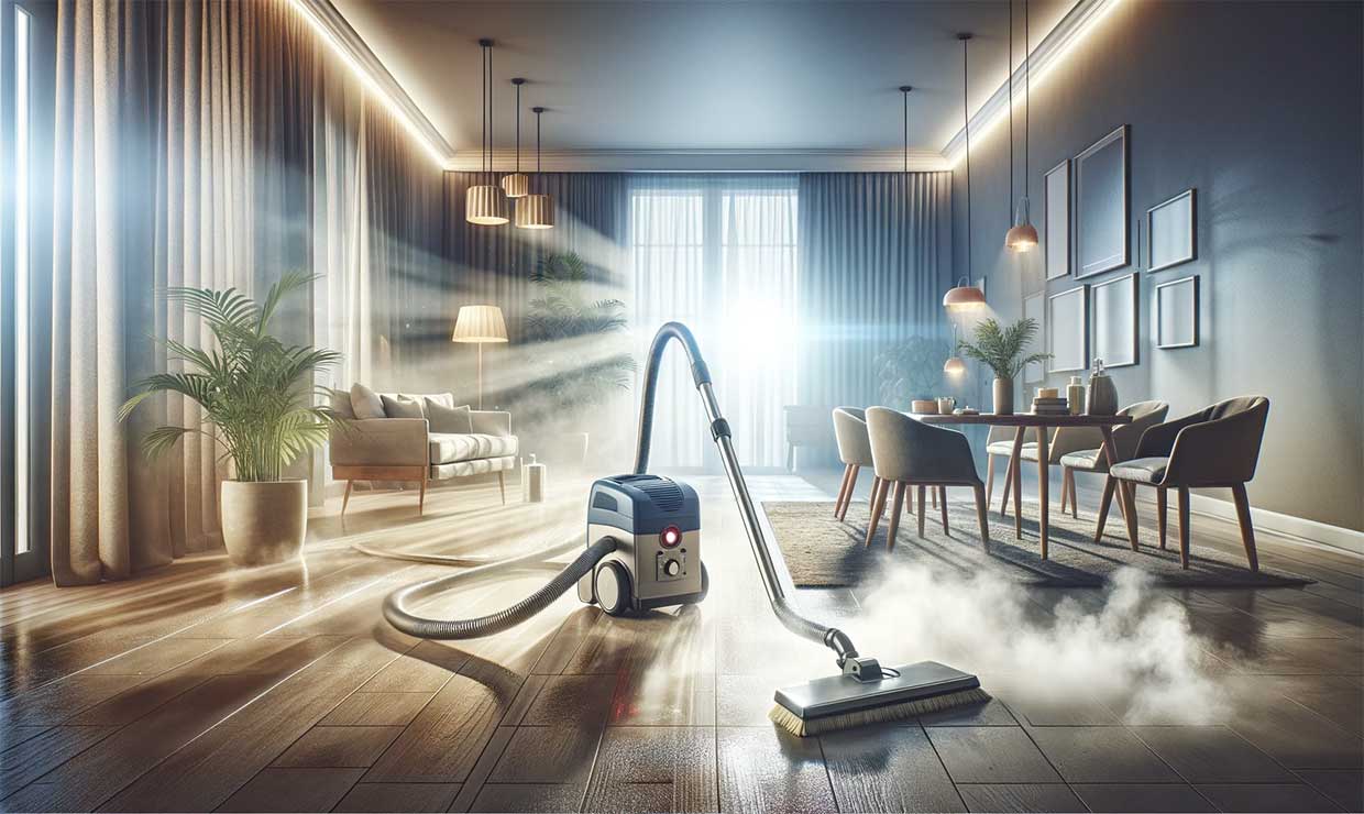 intérieur moderne de maison avec un balai vapeur en action, nettoyant efficacement le sol