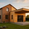 Maison bois mixte ossature et CLT en fin de chantier, façade bardée et auvent en panneaux massifs, lumière de fin d’après-midi