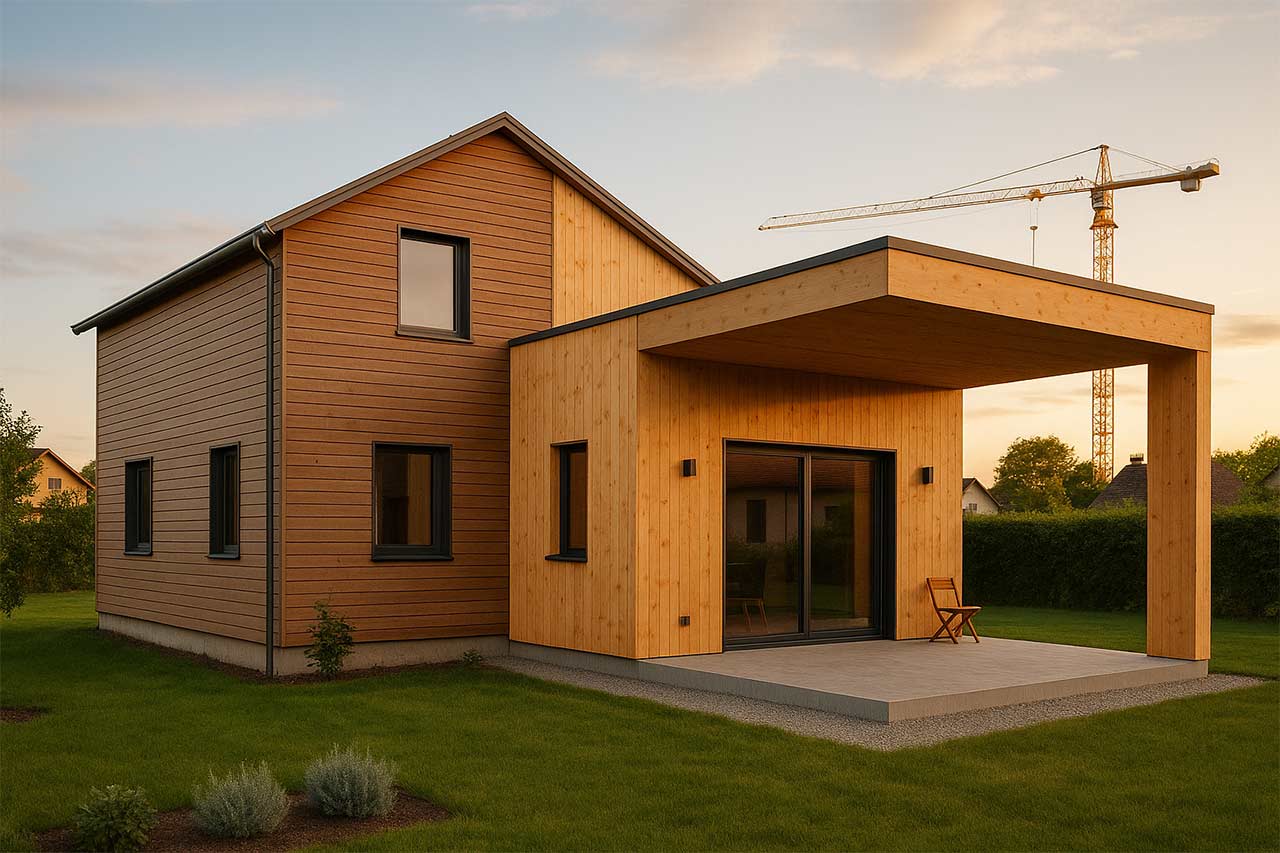 Maison bois mixte ossature et CLT en fin de chantier, façade bardée et auvent en panneaux massifs, lumière de fin d’après-midi