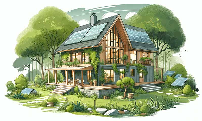 maison dans un environnement naturel luxuriant, avec des caractéristiques écologiques visibles comme des toits verts, des panneaux solaires, et des matériaux naturels comme le bois et la pierre.