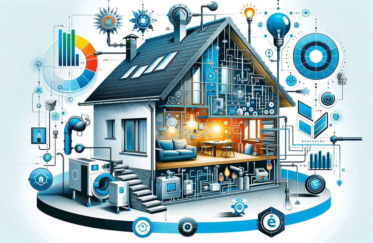 illustration abstraite et originale montrant un audit énergétique d'une maison pour l'installation d'une pompe à chaleur géothermique