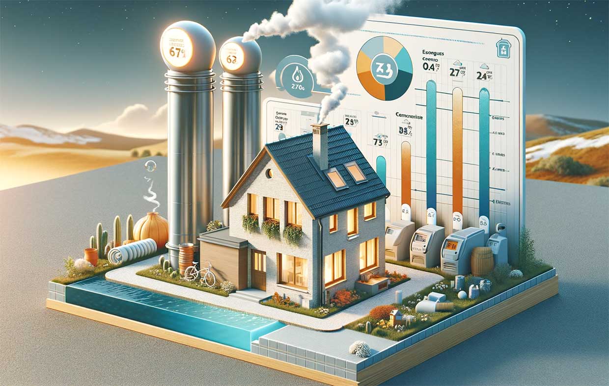 maison équipée d'une pompe à chaleur géothermique, avec un affichage visuel des économies d'énergie et de la réduction de l'empreinte carbone, symbolisant les avantages écologiques et économiques de cette technologie