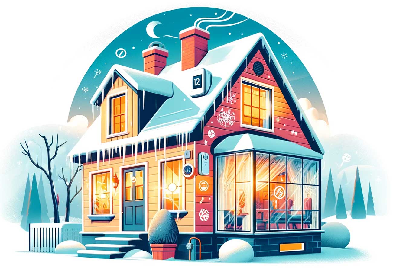 illustration graphique au style original et moderne avec des couleurs vibrantes, représentant une maison préparée pour l'hiver et une absence prolongée. La scène montre une maison bien isolée, avec des gouttières dégagées et des dispositifs pour protéger les fenêtres contre le froid. On y voit des grilles installées sur les évents et la cheminée, et un intérieur avec un thermostat connecté. Des symboles graphiques de sécurité et domotique sont ajoutés pour illustrer les précautions contre les cambrioleurs et les parasites.