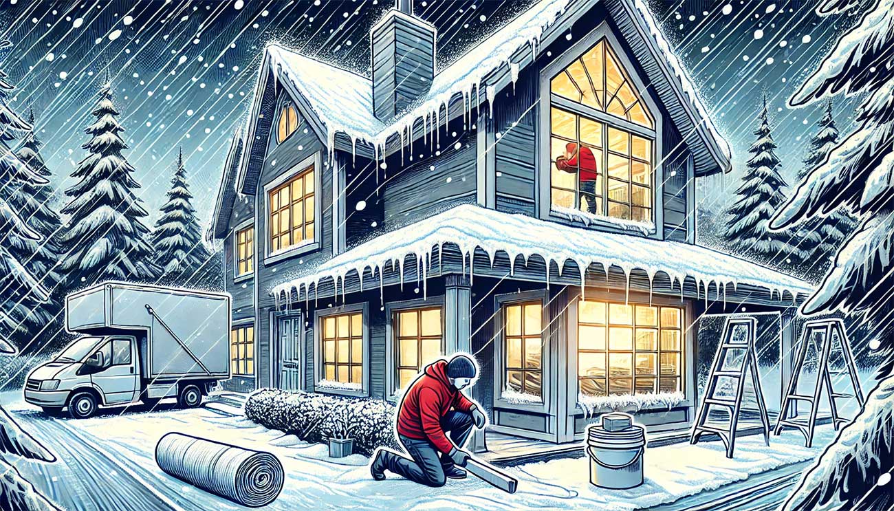 illustration montrant une maison moderne en hiver, entourée d'une ambiance froide et humide. À l'intérieur, une personne réalise des travaux d'entretien comme isoler une fenêtre, tandis que la neige tombe dehors. 