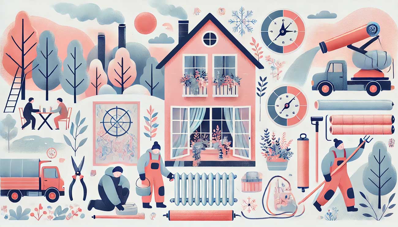 Illustration dans des teintes pastel représentant des activités d'entretien hivernal dans une maison : isolation des fenêtres, inspection des tuyaux, et préparation du jardin contre le froid.