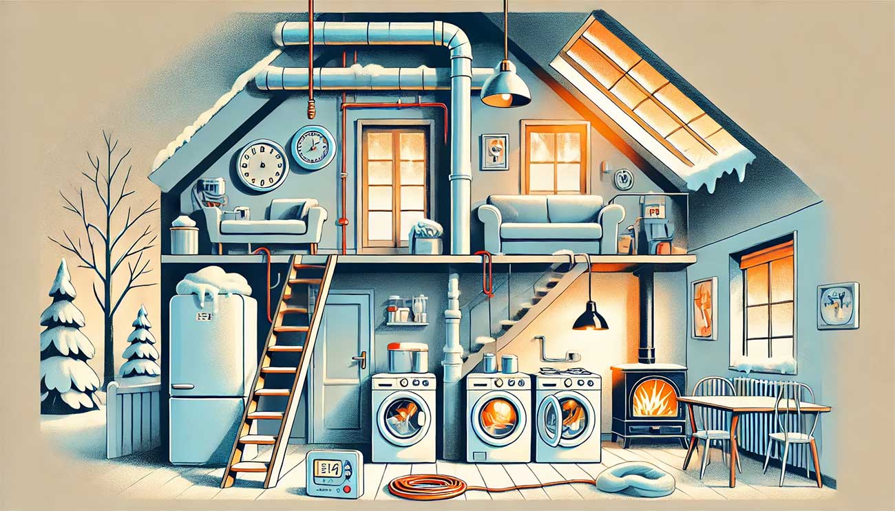 illustration au style graphique montrant l'intérieur d'une maison en hiver. Les tuyaux de plomberie sont bien isolés, les appareils ménagers comme un lave-vaisselle et un réfrigérateur sont préparés pour une absence prolongée. Une minuterie est connectée à une lampe, symbolisant la sécurité contre les intrus.