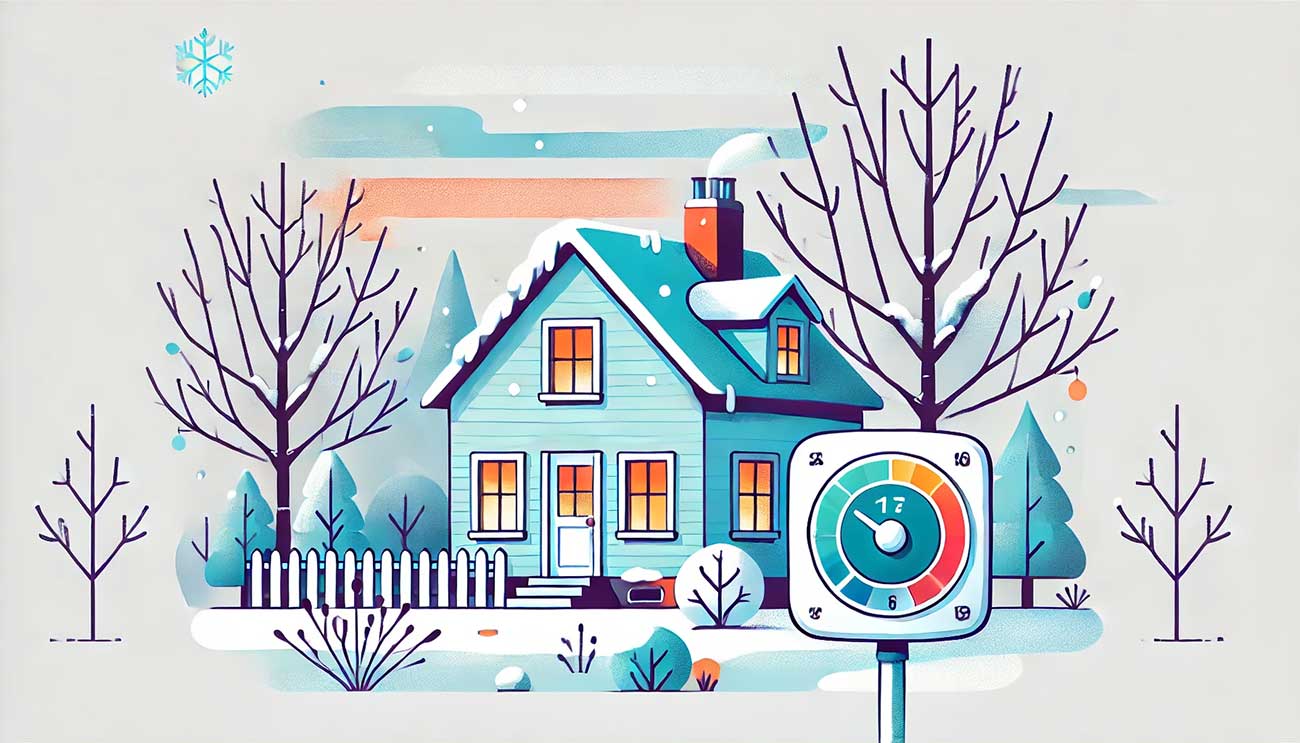 La maison est montrée avec des éléments isolés, des gouttières propres, et un thermostat réglé à une température constante. Autour, des branches d'arbres taillées, des fenêtres bien scellées et un système de chauffage moderne sont illustrés.