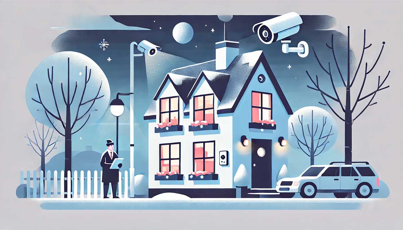 dessin d'une maison avec un éclairage extérieur et des détecteurs de mouvement, un personnage vérifiant une serrure et une caméra de sécurité, le tout dans un environnement nocturne hivernal.