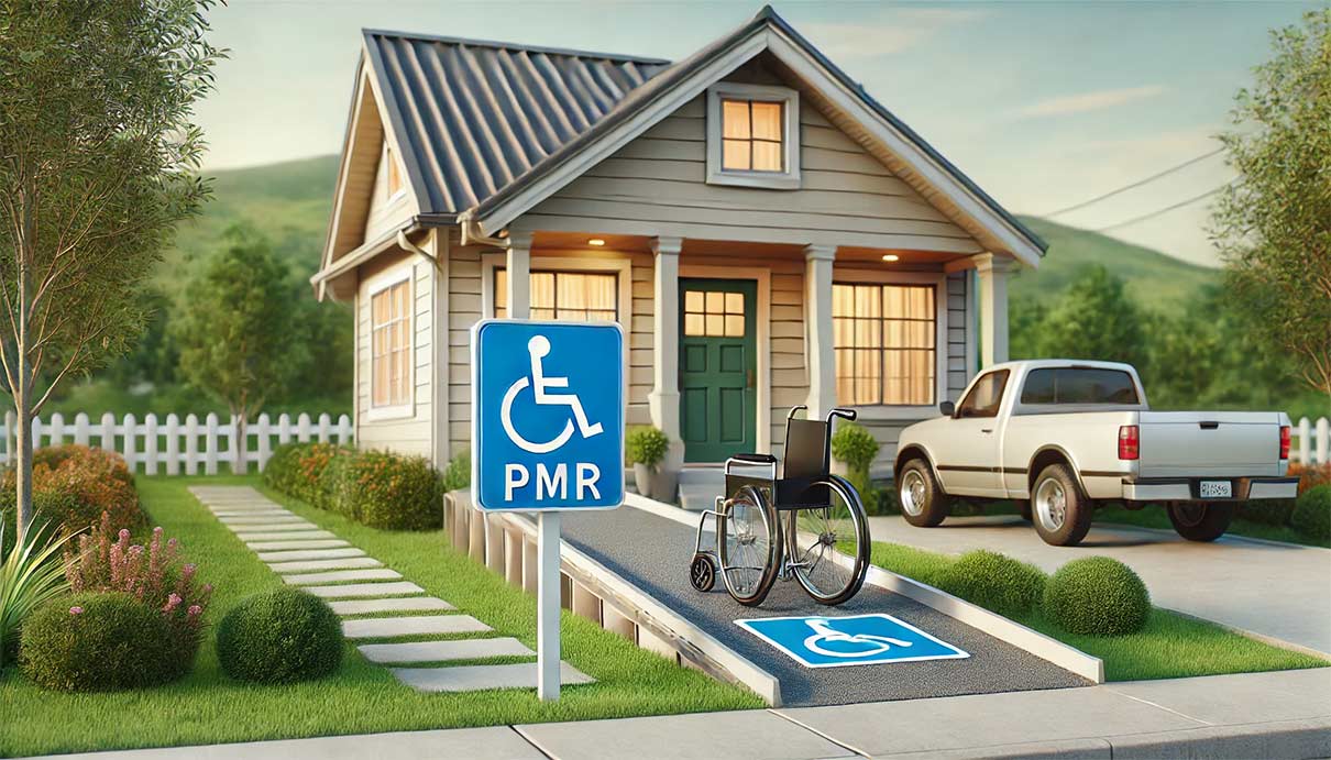 photo réaliste d'une maison avec un panneau d'accessibilité pour les fauteuils roulants (panneau PMR) placé bien en évidence devant la maison. La maison est accueillante, avec une rampe menant à l'entrée.
