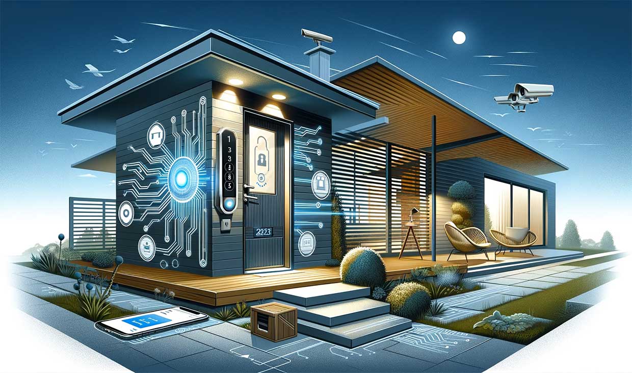 porte d'entrée contemporaine dotée de technologies de sécurité avancées, telles qu'une serrure à code numérique et une caméra de surveillance