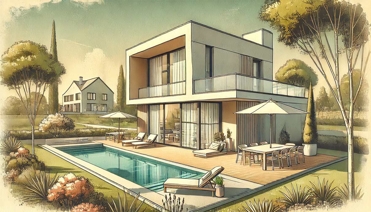 Illustration stylisée d'une maison moderne à toit plat, inspirée d'un style contemporain. La maison est de couleur claire, avec des fenêtres horizontales et un espace extérieur aménagé. La scène comprend une terrasse avec des meubles de jardin modernes, une petite piscine rectangulaire entourée de verdure, des parasols et quelques plantes en pot.
